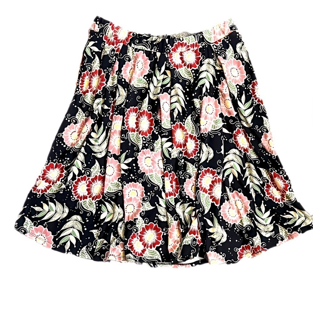LuLaRoe Madison Skirt XL Black Pink Floral Pull On Stretch Midi A Line Swing